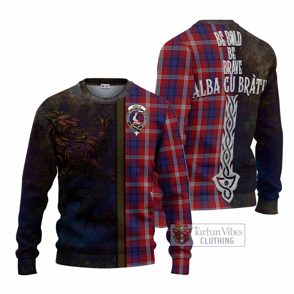 Ainslie Tartan Family Crest Knitted Sweater Alba Gu Brath Be Brave Lion Ancient Style - Tartan Vibes Clothing