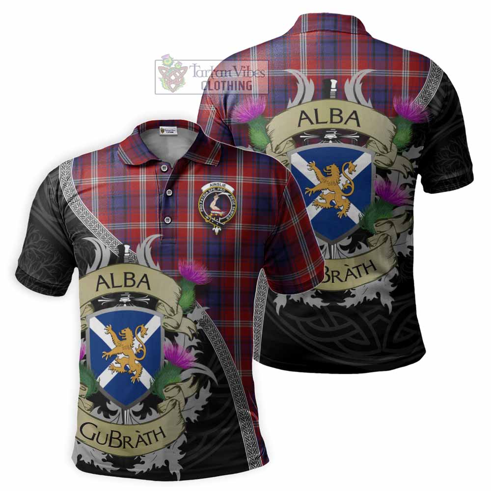Tartan Vibes Clothing Ainslie Tartan Family Crest Polo Shirt Lion Rampant Royal Thistle Shield Celtic Inspired