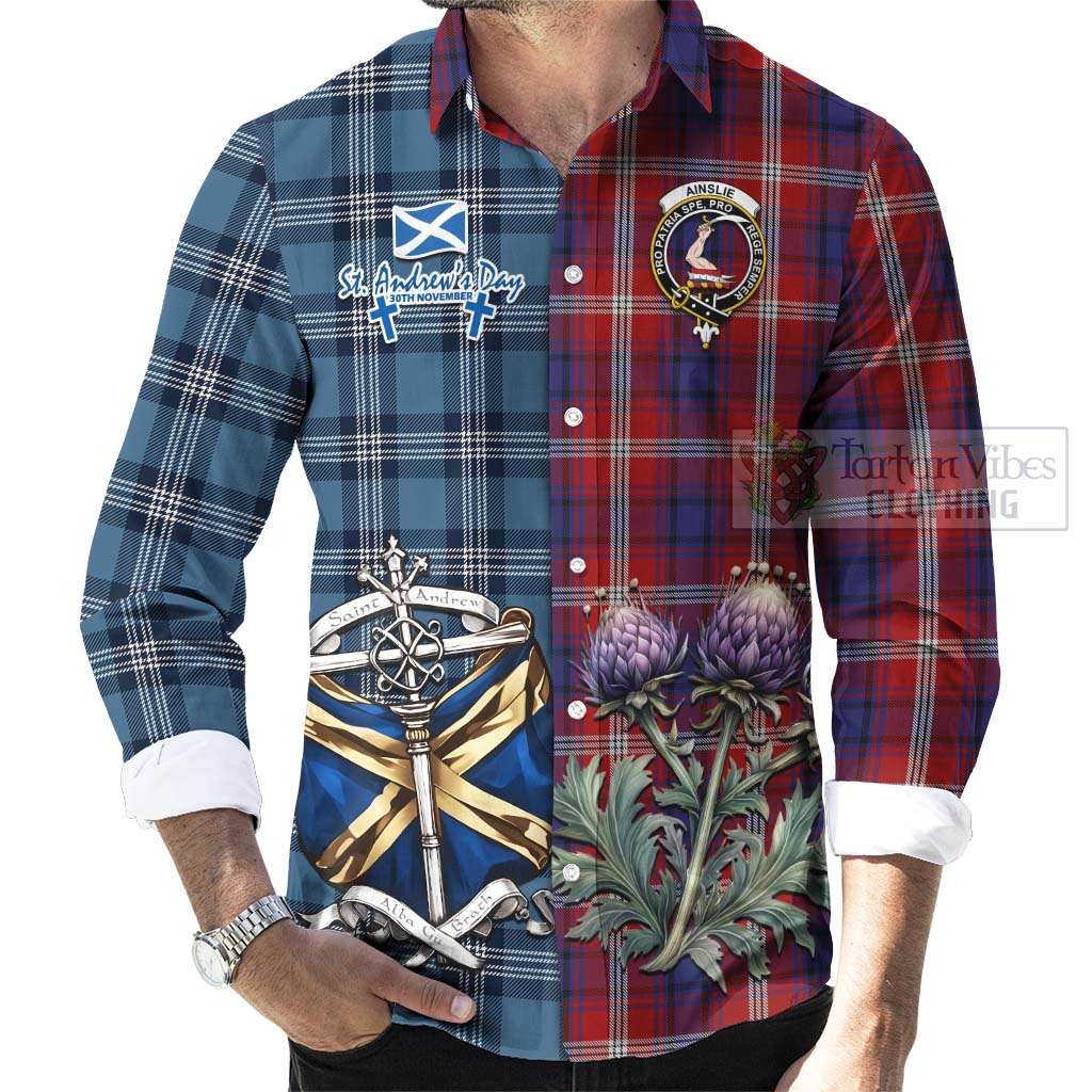 Ainslie Tartan Long Sleeve Button Shirt Happy St. Andrew's Day Half Tartan Style - Tartan Vibes Clothing