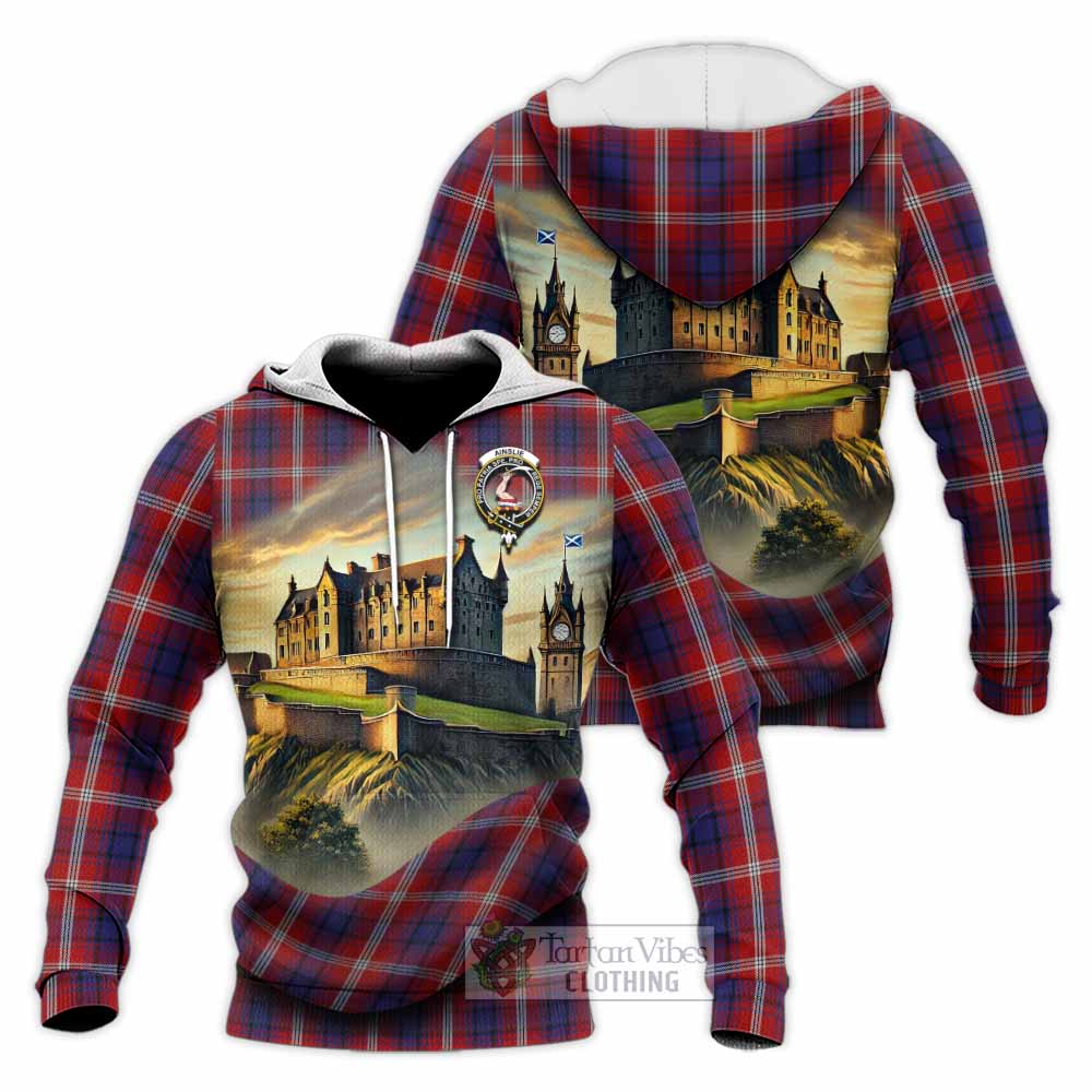 Tartan Vibes Clothing Ainslie Tartan Family Crest Knitted Hoodie with Scottish Ancient Castle Style