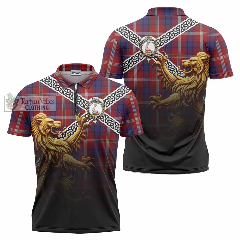 Ainslie Crest Tartan Zipper Polo Shirt with Golden Lion Emblem Celtic Style - Tartan Vibes Clothing