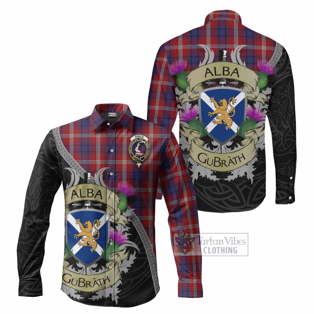 Ainslie Tartan Family Crest Long Sleeve Button Shirt Lion Rampant Royal Thistle Shield Celtic Inspired - Tartan Vibes Clothing