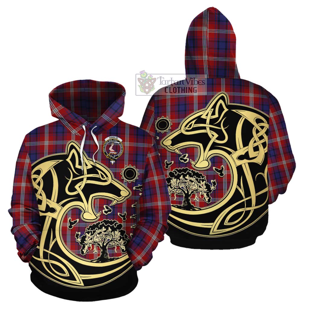 Ainslie Tartan Cotton Hoodie with Family Crest Celtic Wolf Style Zip Hoodie - Tartan Vibes Clothing