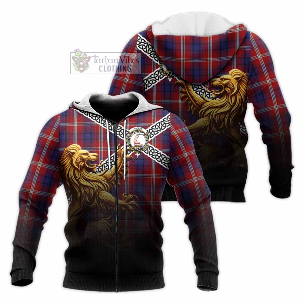 Tartan Vibes Clothing Ainslie Crest Tartan Knitted Hoodie with Golden Lion Emblem Celtic Style