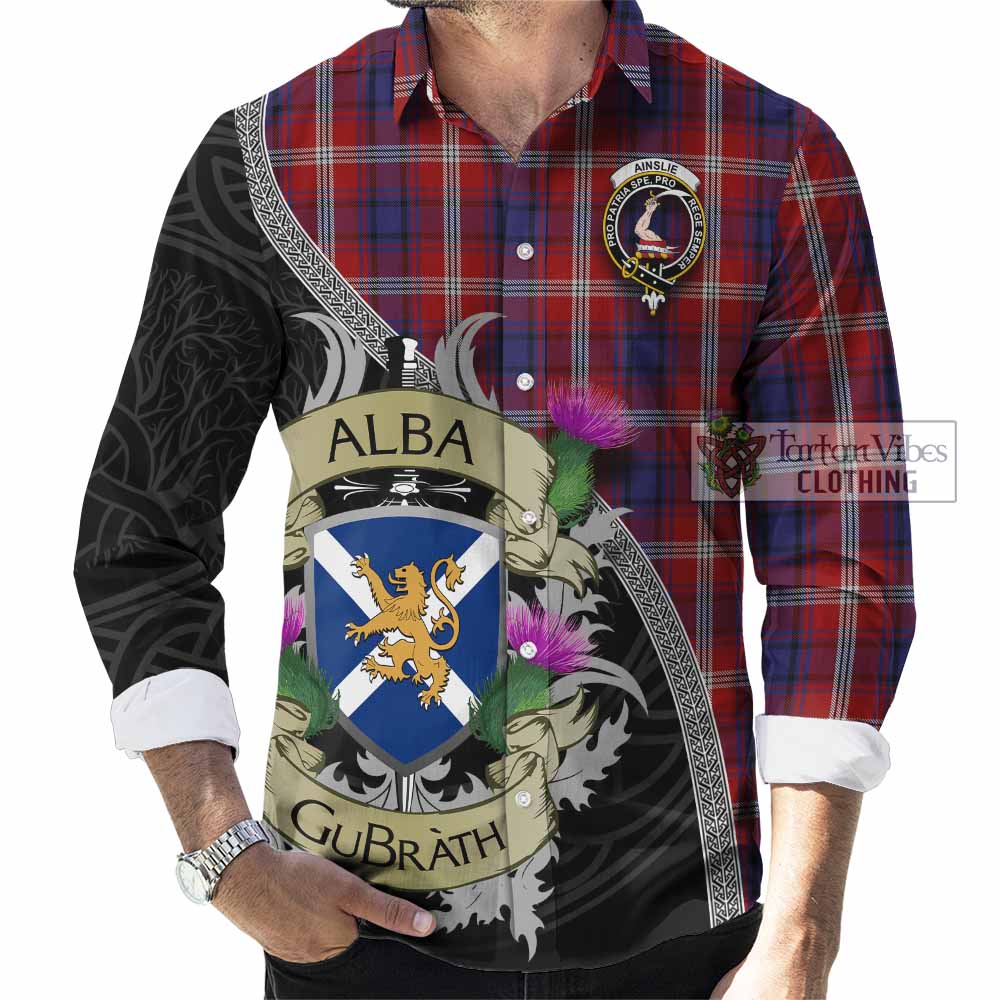 Ainslie Tartan Family Crest Long Sleeve Button Shirt Lion Rampant Royal Thistle Shield Celtic Inspired - Tartan Vibes Clothing