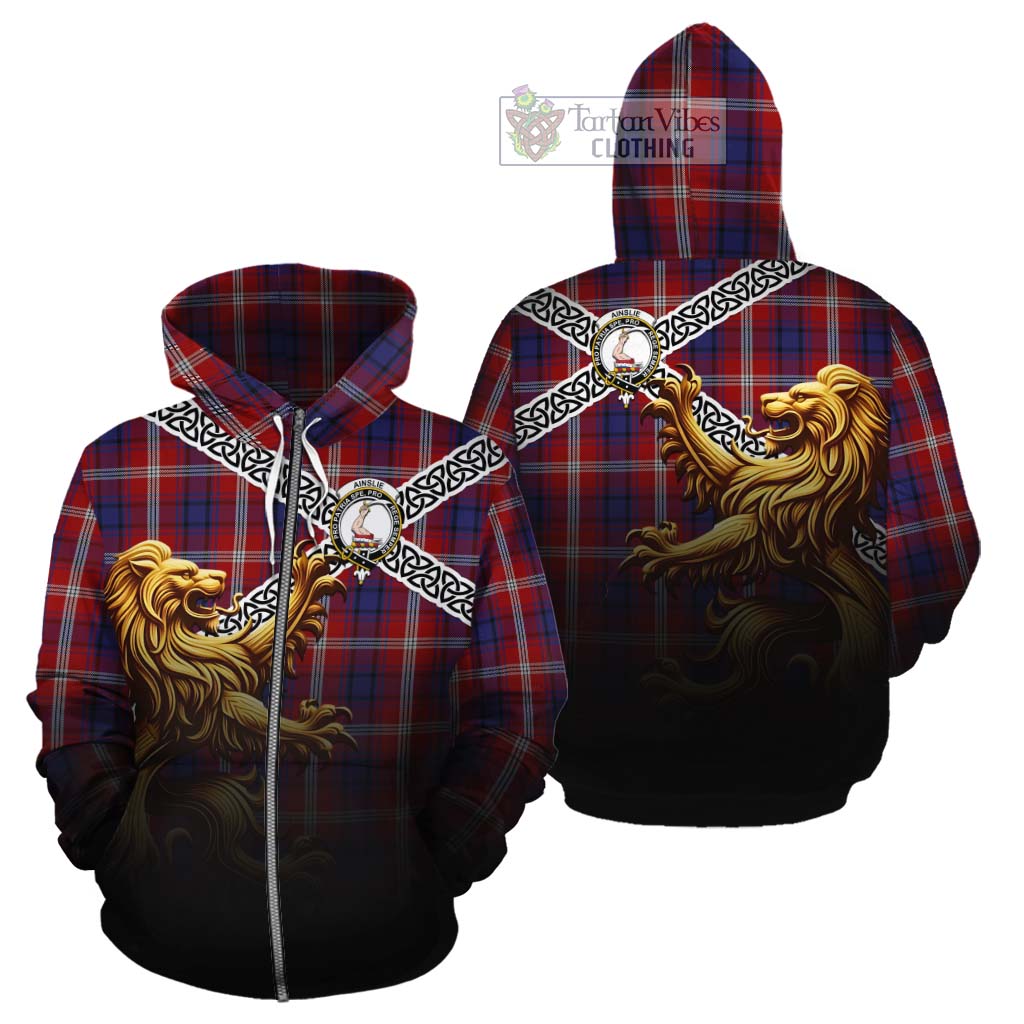Ainslie Crest Tartan Cotton Hoodie with Golden Lion Emblem Celtic Style Zip Hoodie - Tartan Vibes Clothing