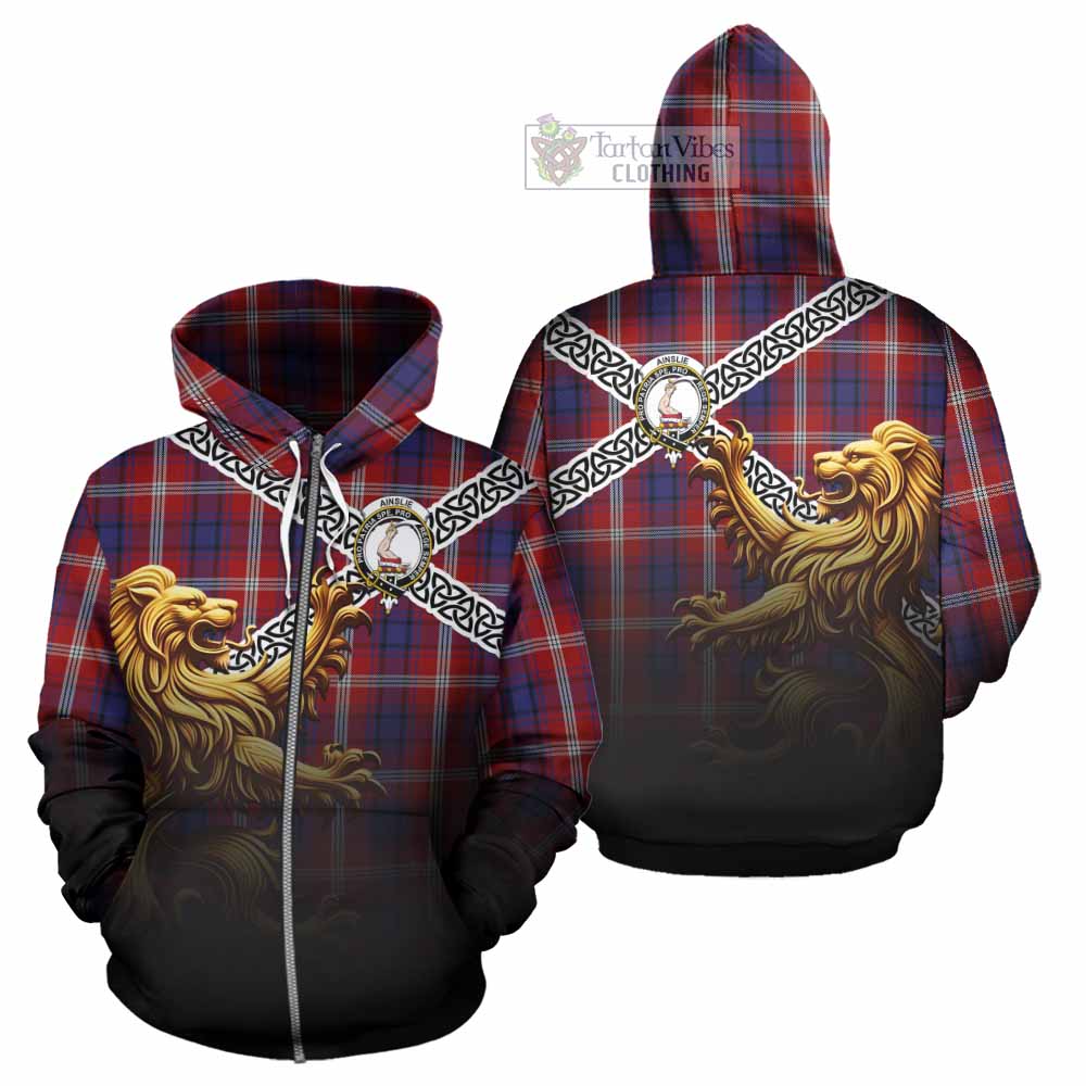 Ainslie Crest Tartan Hoodie with Golden Lion Emblem Celtic Style Zip Hoodie - Tartan Vibes Clothing
