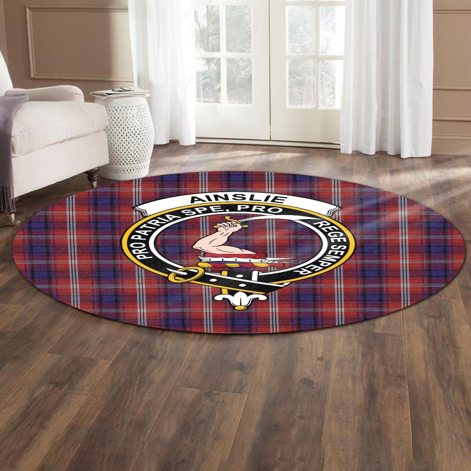 Ainslie Tartan Round Rug with Family Crest - Tartanvibesclothing