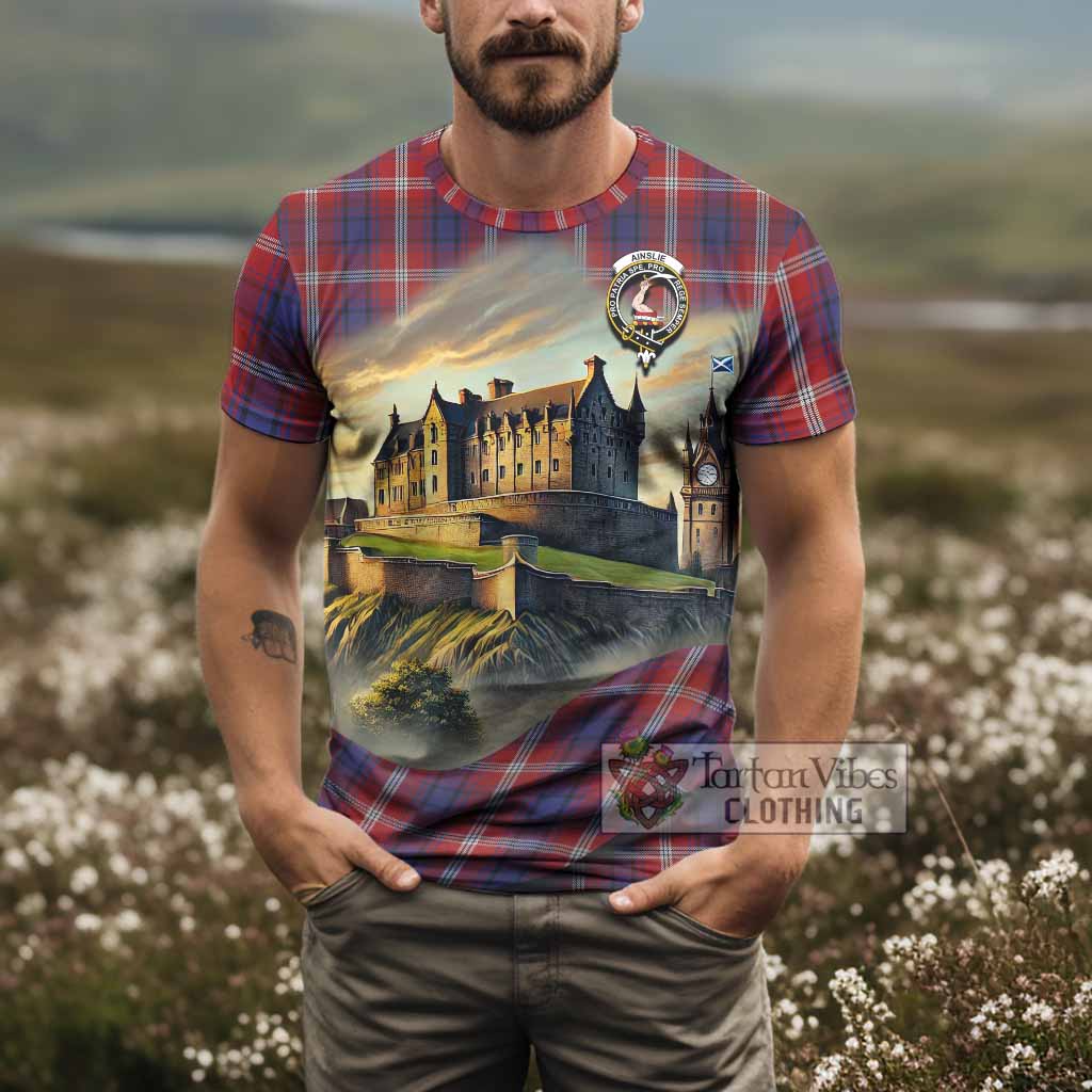 Ainslie Tartan Family Crest T-Shirt with Scottish Ancient Castle Style - Tartan Vibes Clothing