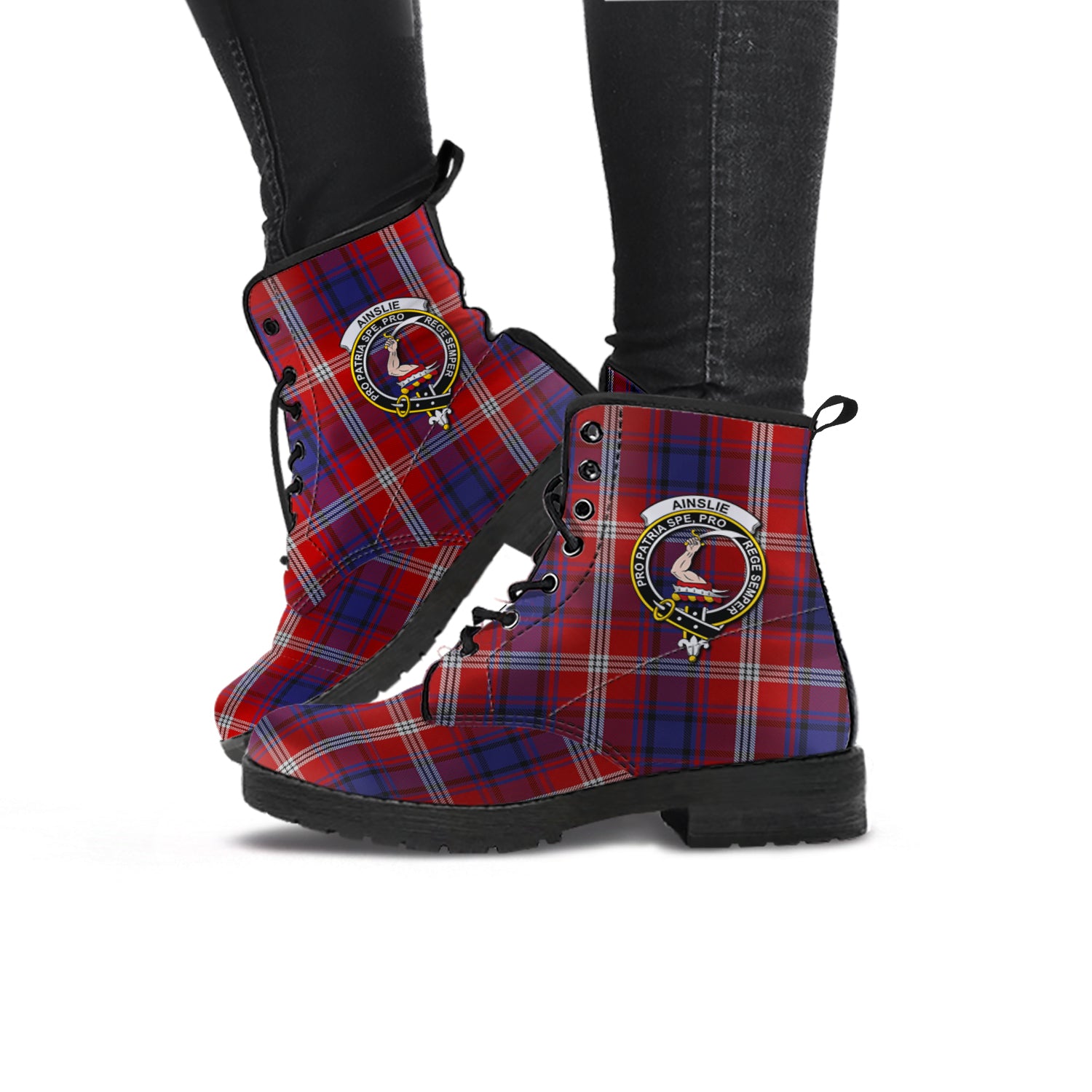 Ainslie Tartan Leather Boots with Family Crest - Tartanvibesclothing