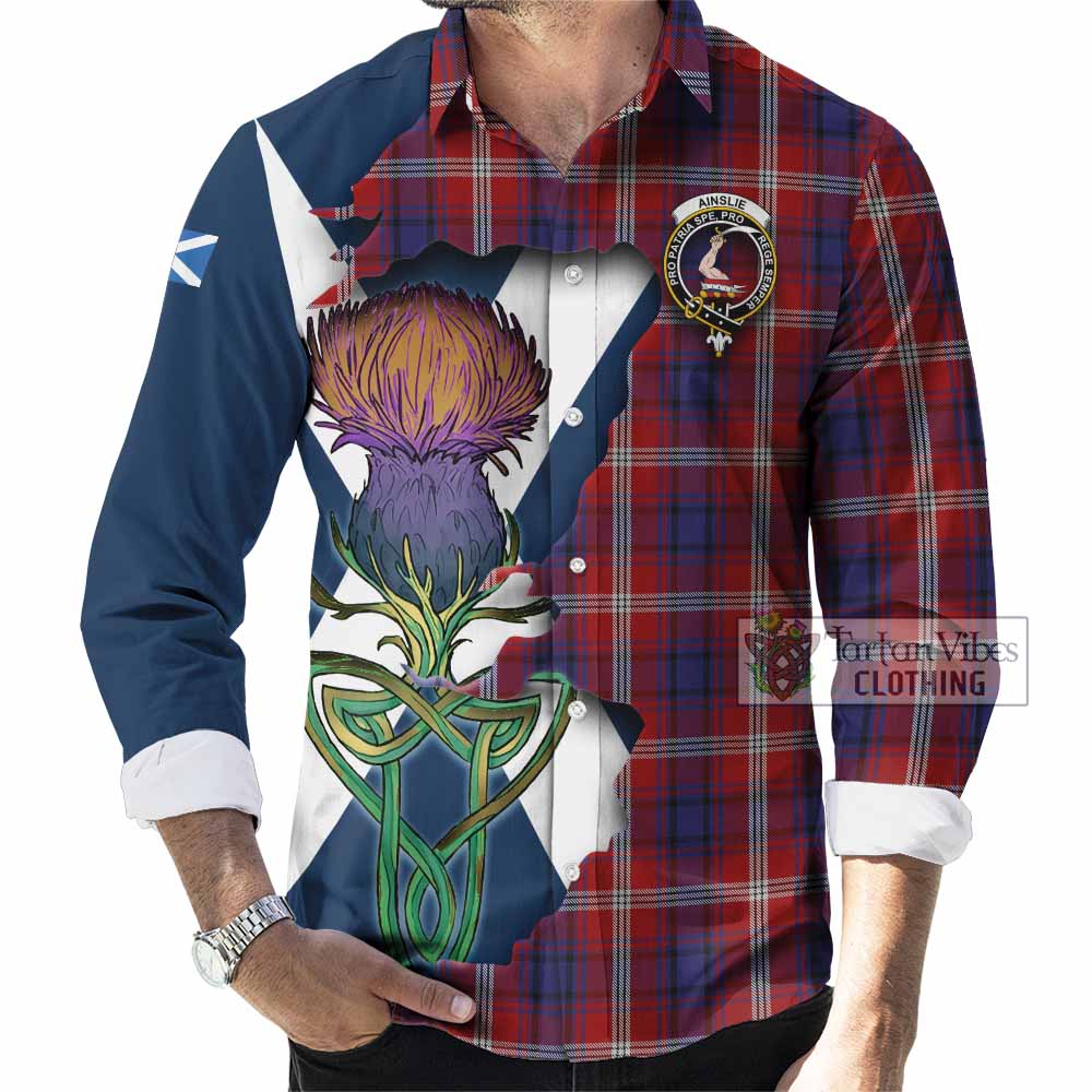 Tartan Vibes Clothing Ainslie Tartan Family Crest Long Sleeve Button Shirt Scottish Thistle Celtic Inspired