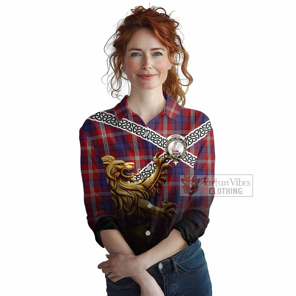 Ainslie Crest Tartan Women's Casual Shirt with Golden Lion Emblem Celtic Style - Tartan Vibes Clothing