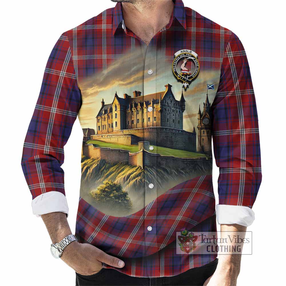 Tartan Vibes Clothing Ainslie Tartan Family Crest Long Sleeve Button Shirt with Scottish Ancient Castle Style