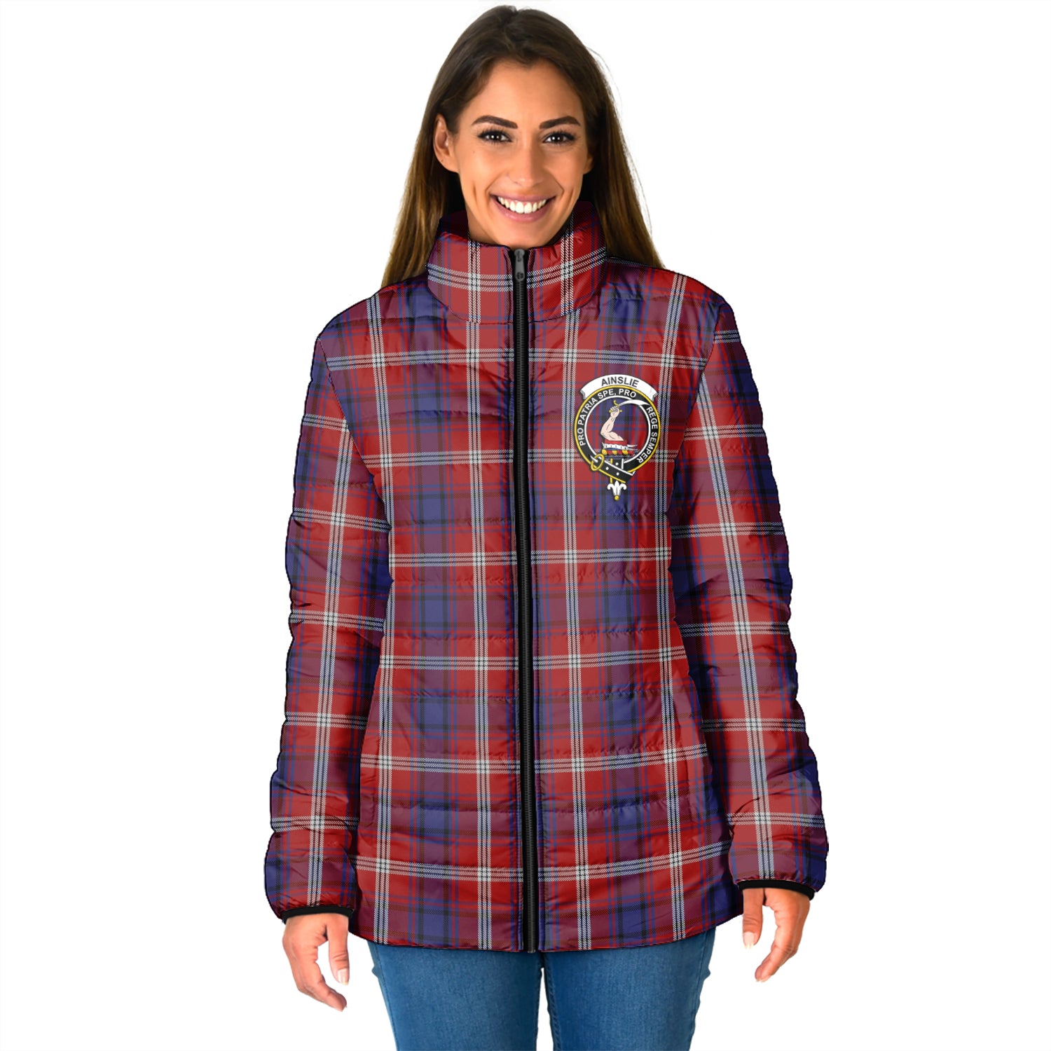Ainslie Tartan Padded Jacket with Family Crest - Tartan Vibes Clothing