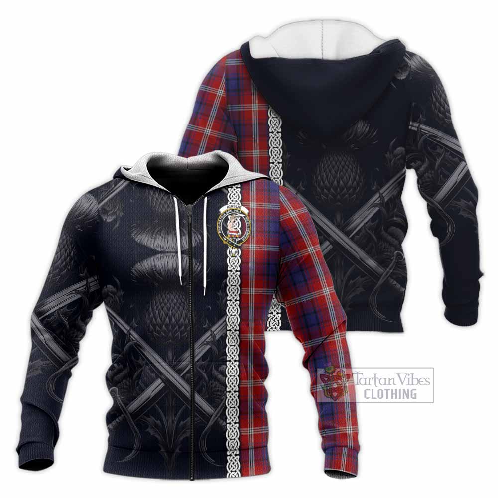 Tartan Vibes Clothing Ainslie Tartan Knitted Hoodie with Family Crest Cross Sword Thistle Celtic Vibes