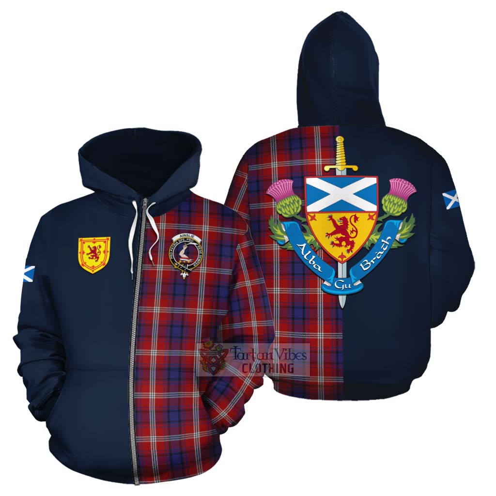 Ainslie Tartan Cotton Hoodie Alba with Scottish Lion Royal Arm Half Style - Tartan Vibes Clothing