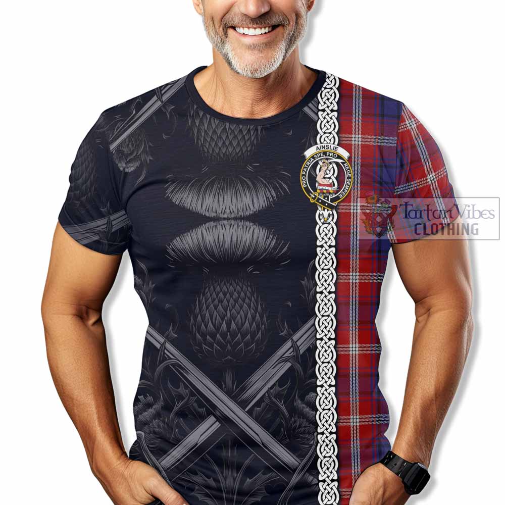 Ainslie Tartan T-Shirt with Family Crest Cross Sword Thistle Celtic Vibes - Tartan Vibes Clothing
