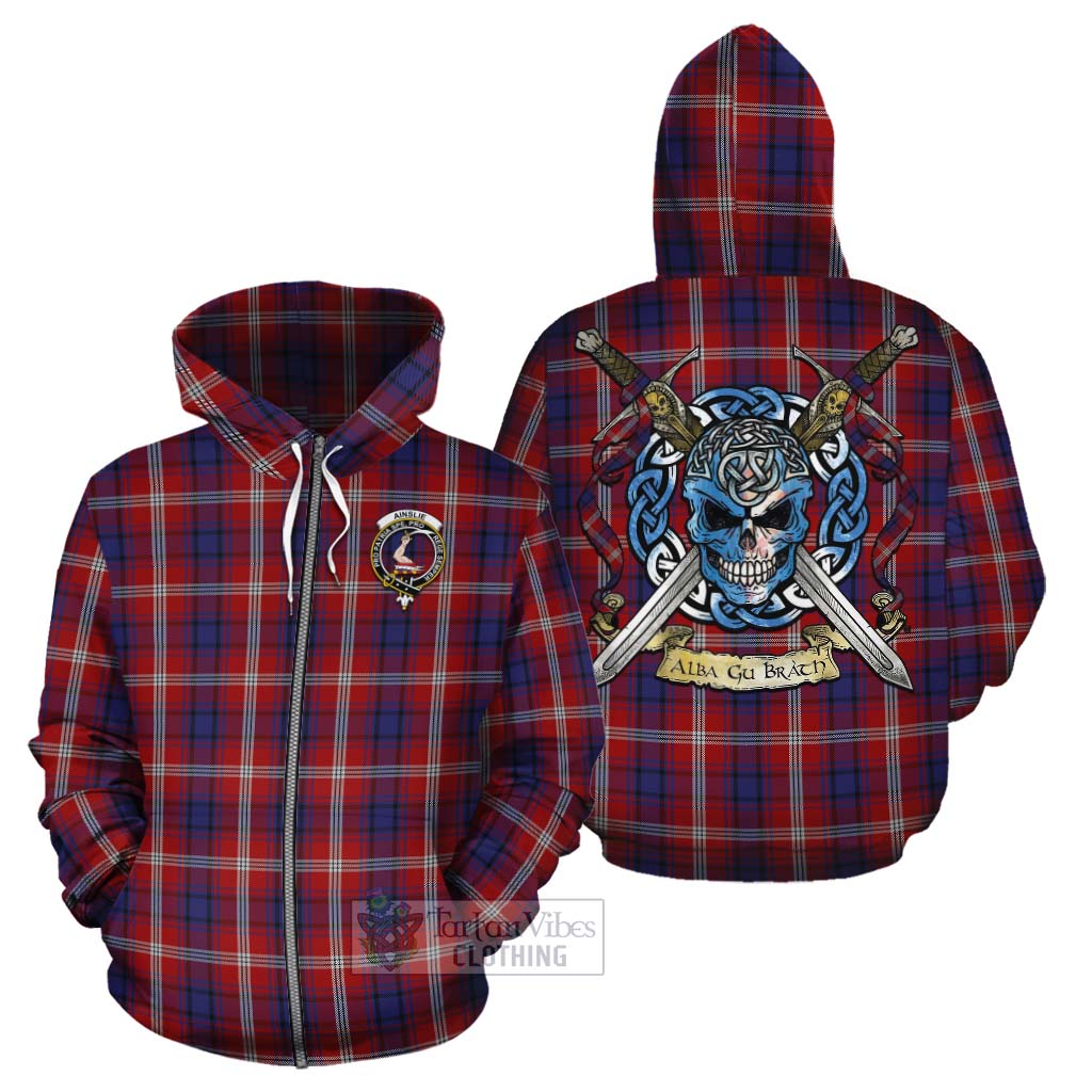 Ainslie Tartan Cotton Hoodie with Family Crest Celtic Skull Style - Tartan Vibes Clothing