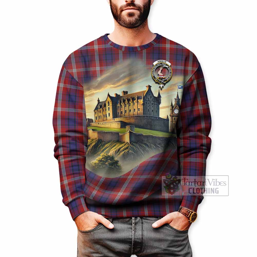 Ainslie Tartan Family Crest Sweatshirt with Scottish Ancient Castle Style - Tartan Vibes Clothing