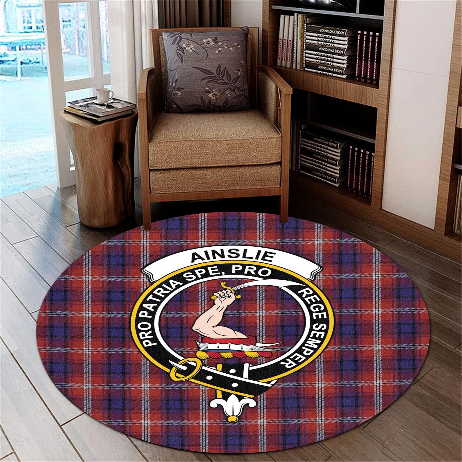 Ainslie Tartan Round Rug with Family Crest - Tartanvibesclothing