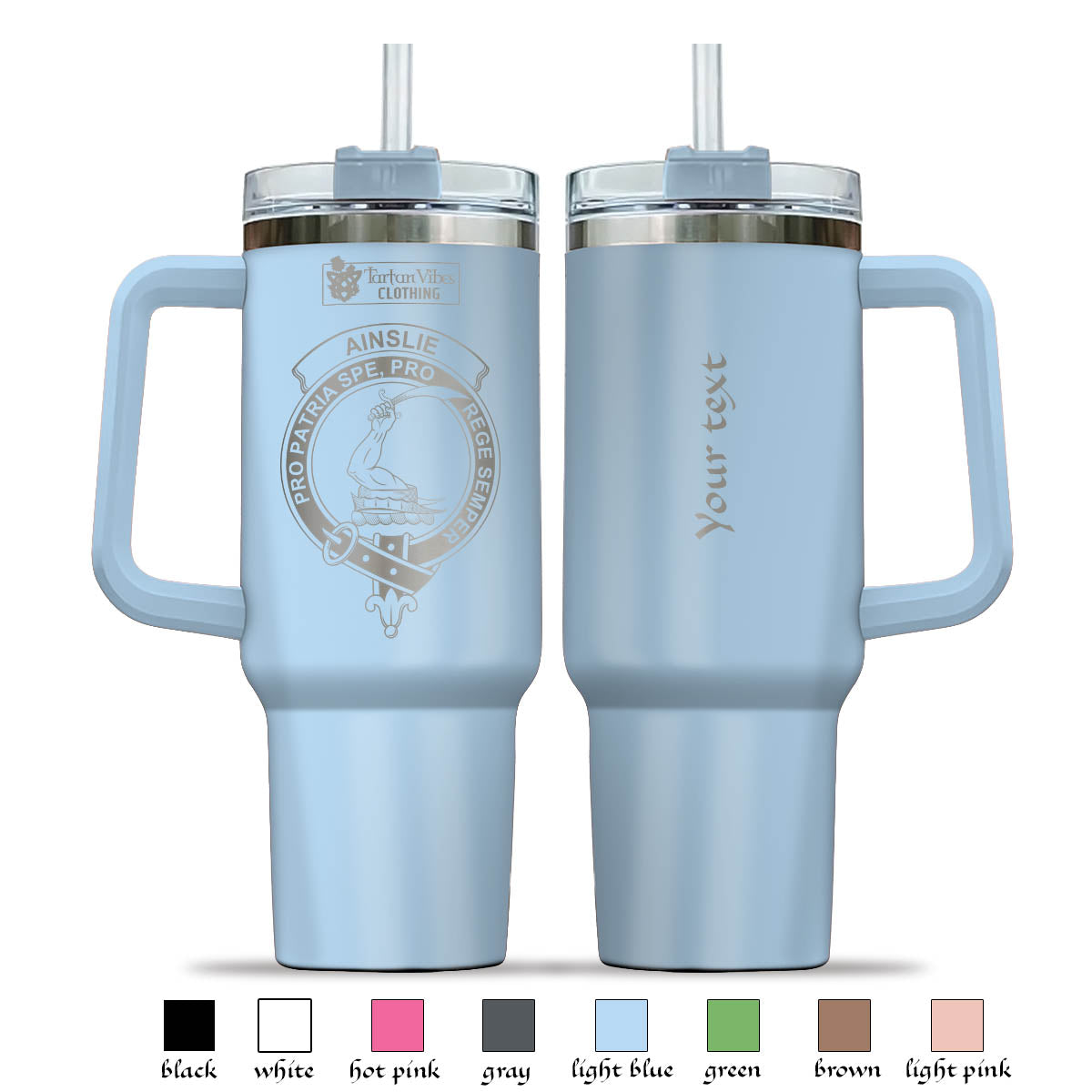 Ainslie Clan Crest Engraved Tumbler with Handle - 2D-tartanvibesclothing