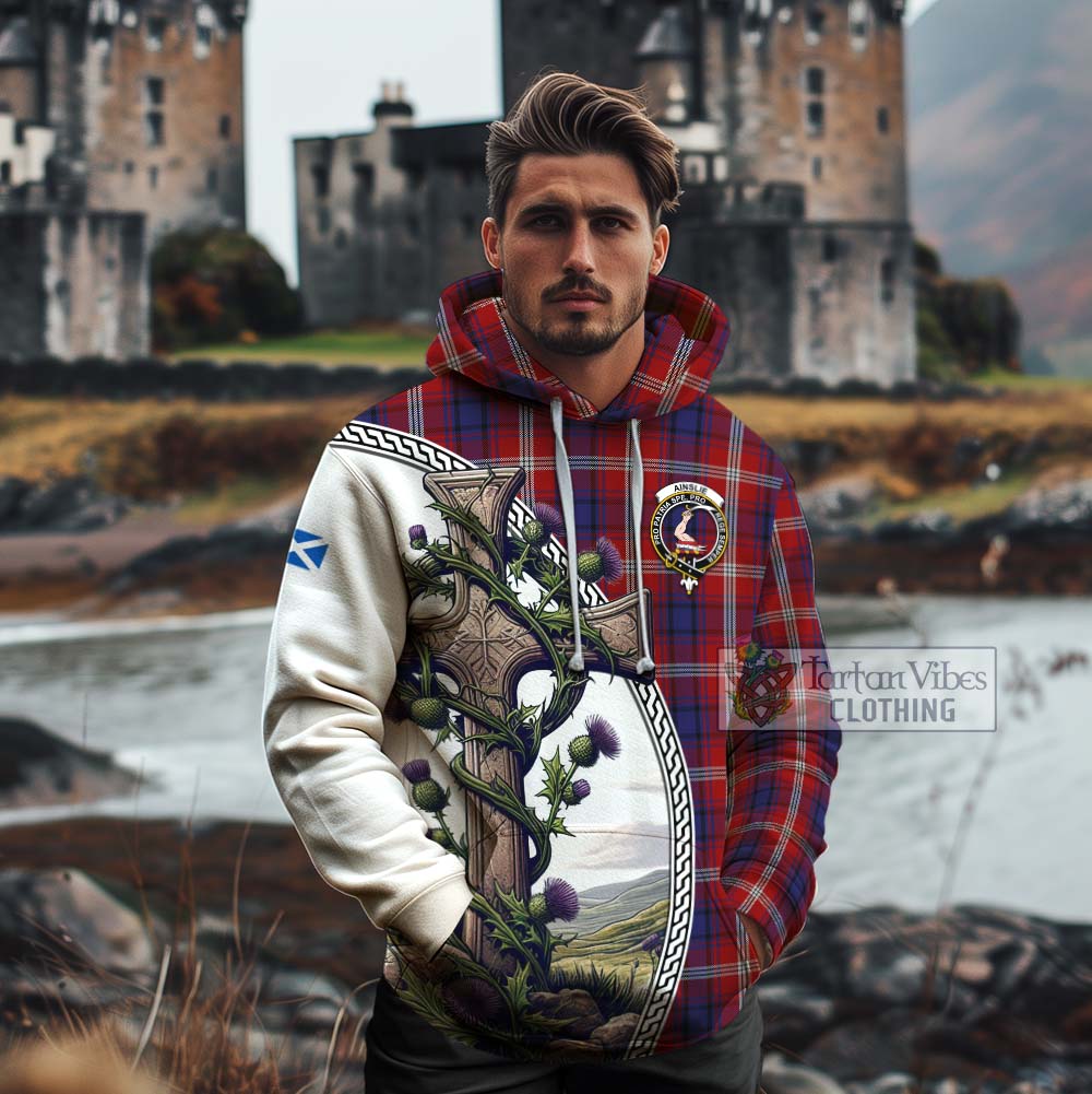 Tartan Vibes Clothing Ainslie Tartan Cotton Hoodie with Family Crest and St. Andrew's Cross Accented by Thistle Vines