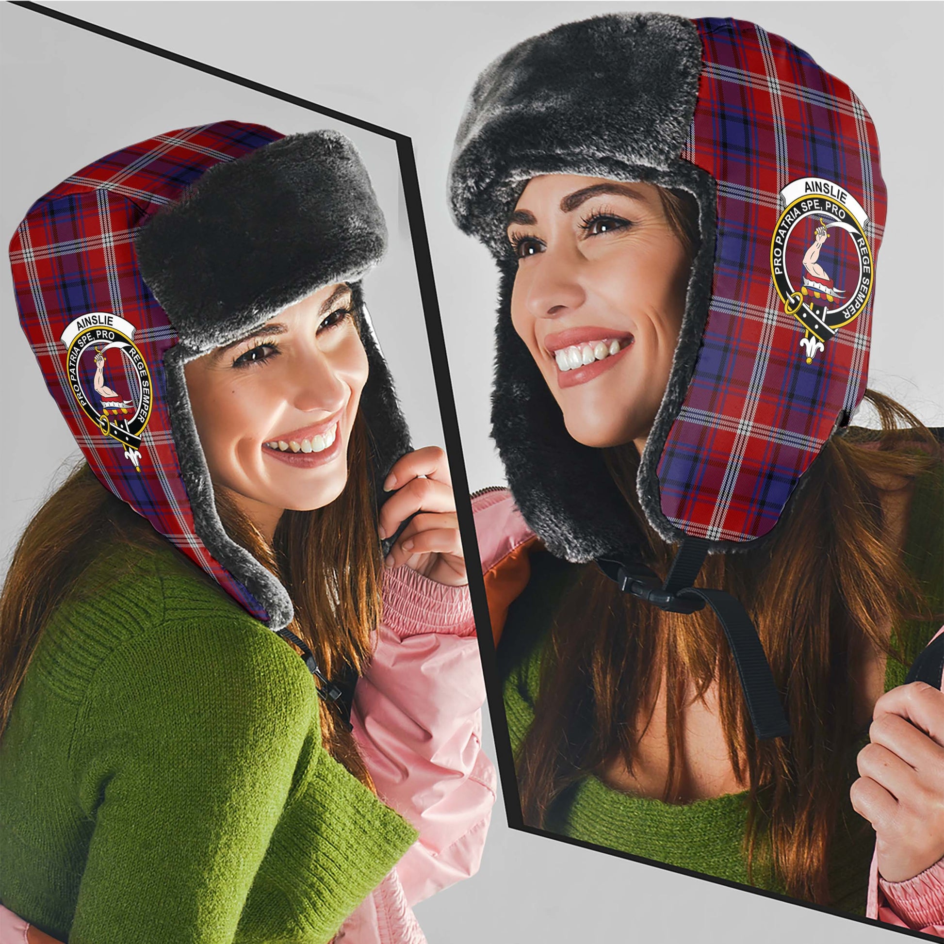 Ainslie Tartan Winter Trapper Hat with Family Crest - Tartanvibesclothing
