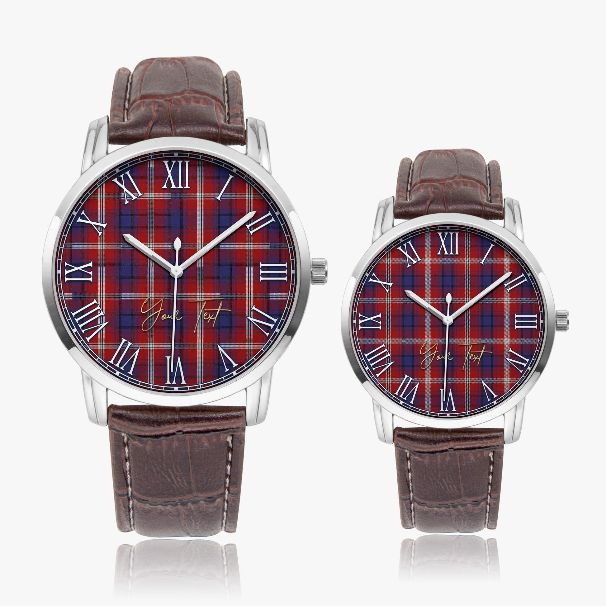 Ainslie Tartan Personalized Your Text Leather Trap Quartz Watch Wide Type Silver Case With Brown Leather Strap - Tartanvibesclothing