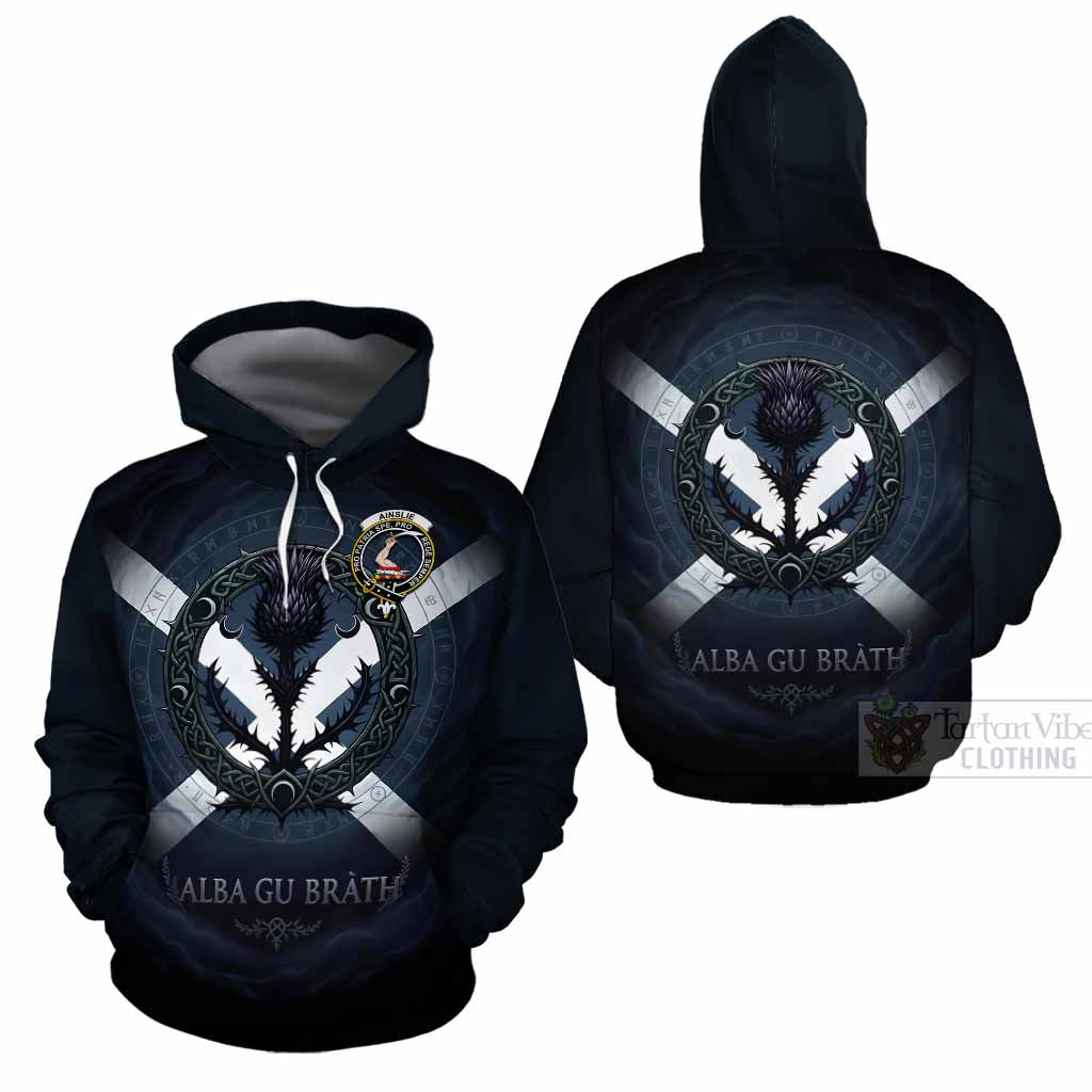 Ainslie Clan Crest Cotton Hoodie with Celtic Knot Thistle and Saltire