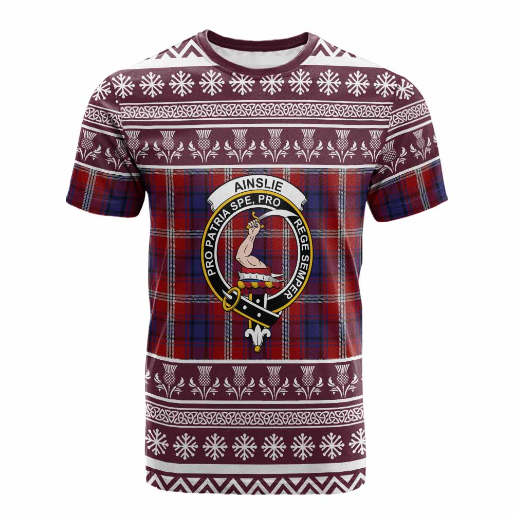 Ainslie Clan Tartan Christmas Cotton T-shirt with Family Crest - Tartan Vibes Clothing