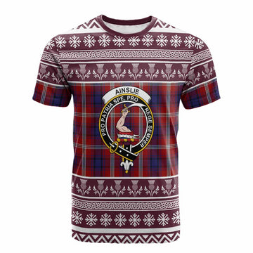 Ainslie Clan Tartan Christmas Cotton T-shirt with Family Crest - Tartan Vibes Clothing