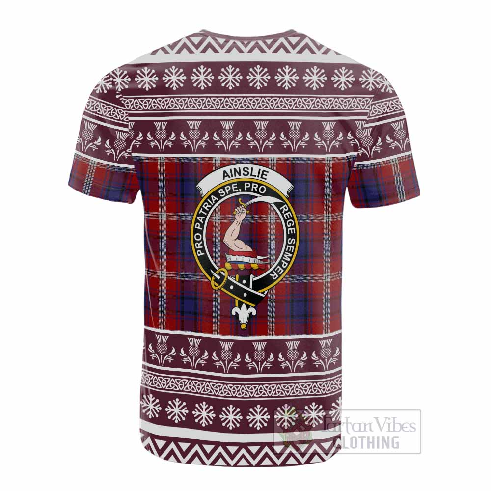 Ainslie Clan Tartan Christmas Cotton T-shirt with Family Crest - Tartan Vibes Clothing