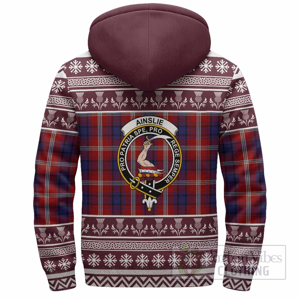 Ainslie Clan Tartan Christmas Fleece Hoodie with Family Crest - Tartan Vibes Clothing