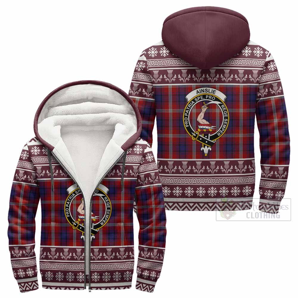 Ainslie Clan Tartan Christmas Fleece Hoodie with Family Crest - Tartan Vibes Clothing
