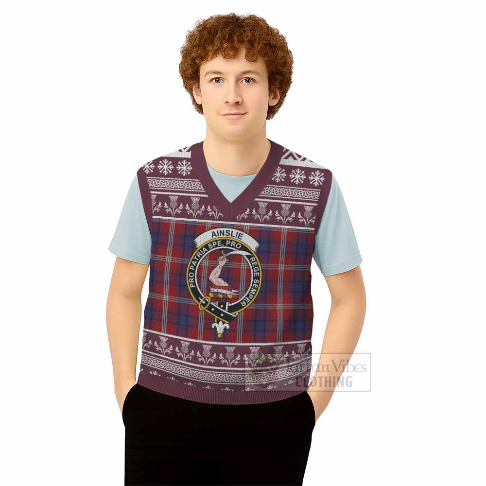 Ainslie Clan Tartan Christmas Knitted V-Neck Vest with Family Crest - Tartan Vibes Clothing