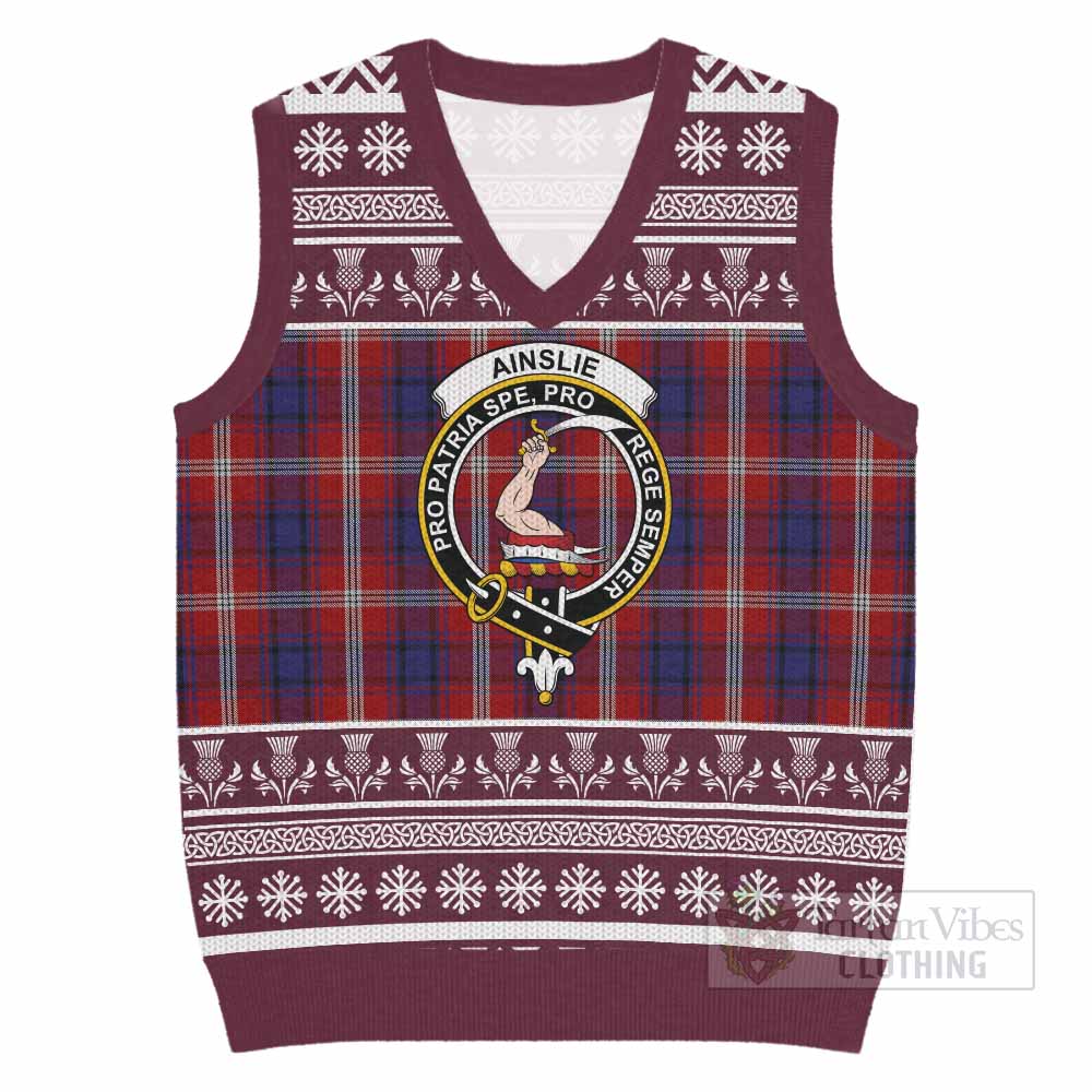 Ainslie Clan Tartan Christmas Knitted V-Neck Vest with Family Crest - Tartan Vibes Clothing