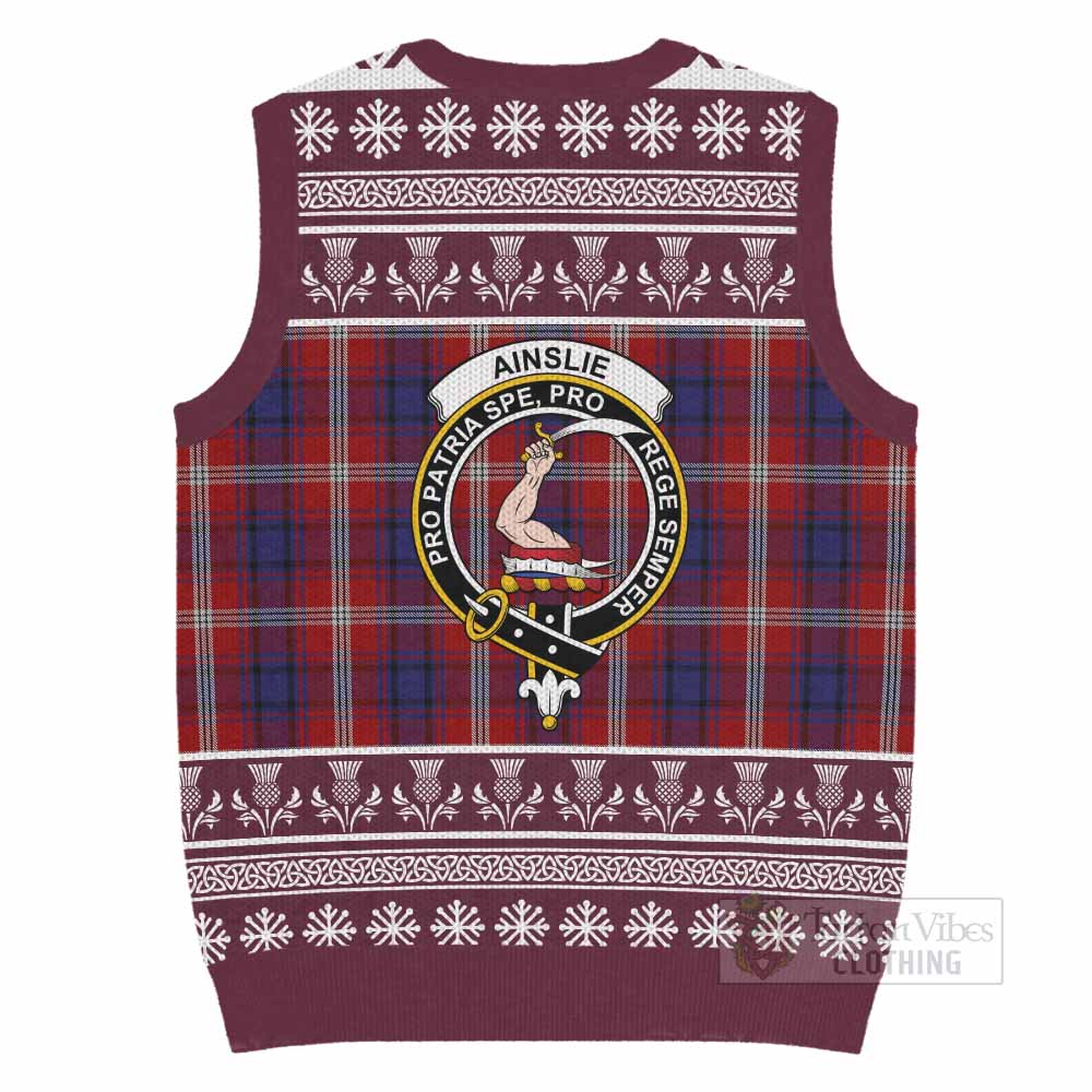 Ainslie Clan Tartan Christmas Knitted V-Neck Vest with Family Crest - Tartan Vibes Clothing