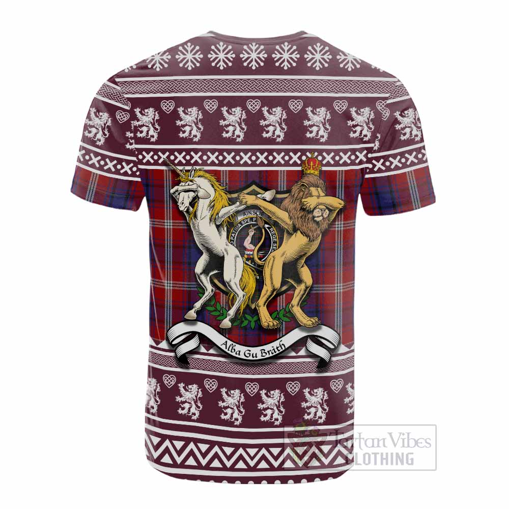 Ainslie Clan Tartan Crest Christmas Cotton T-shirt Coat of Arms Funny Style - Tartan Vibes Clothing