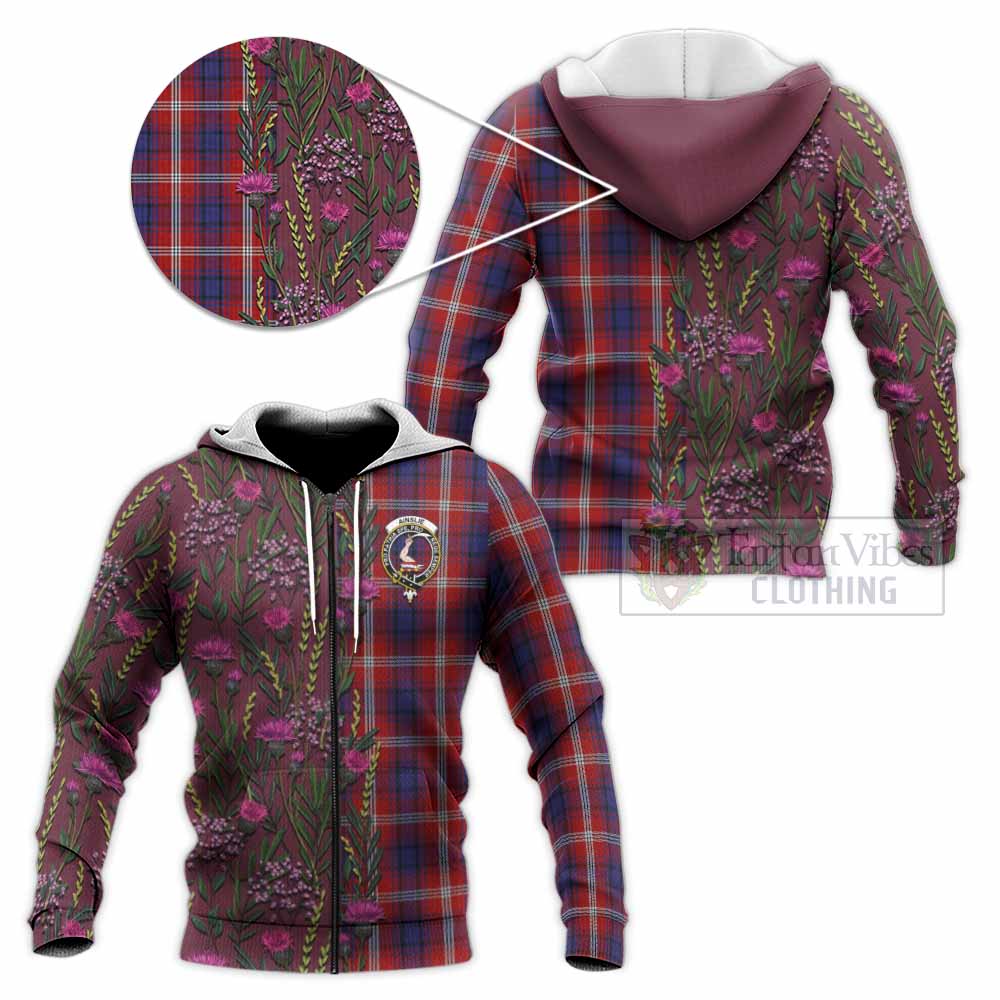 Ainslie Family Crest Tartan Knitted Hoodie Scottish Thistle Flower Pattern Half Style - Tartan Vibes Clothing