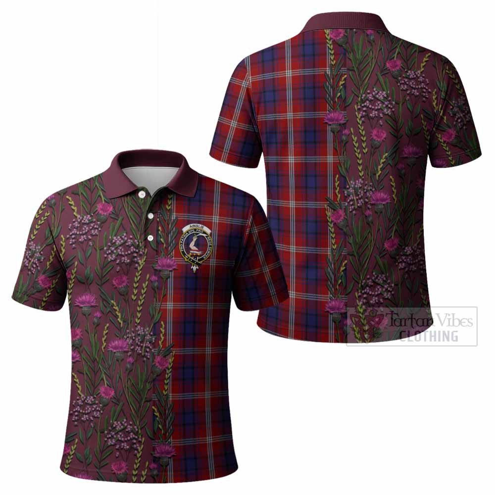 Ainslie Family Crest Tartan Polo Shirt Scottish Thistle Flower Pattern Half Style - Tartan Vibes Clothing