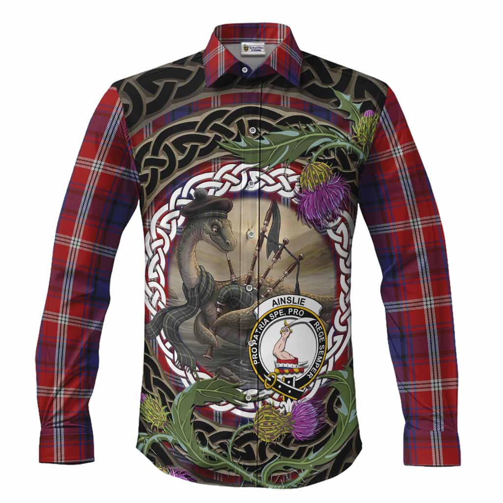 Ainslie Tartan Crest Bagpipe Nessie Long Sleeve Button Shirts Scottish Loch Ness Monster Celtic Thistle