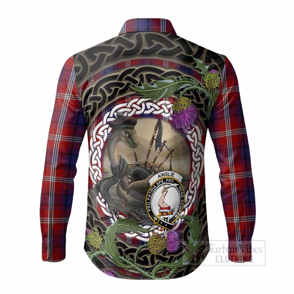 Ainslie Tartan Crest Bagpipe Nessie Long Sleeve Button Shirts Scottish Loch Ness Monster Celtic Thistle