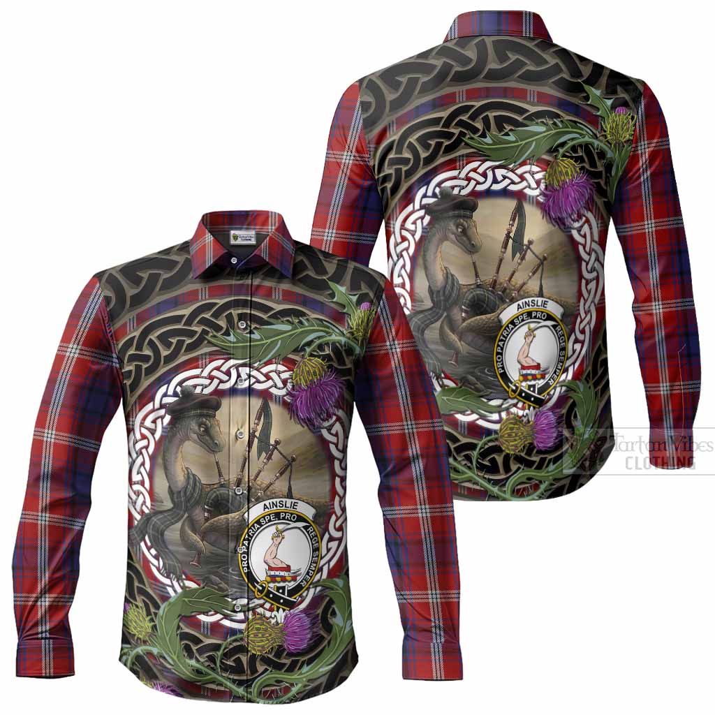 Ainslie Tartan Crest Bagpipe Nessie Long Sleeve Button Shirts Scottish Loch Ness Monster Celtic Thistle