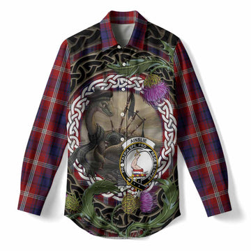 Ainslie Tartan Crest Bagpipe Nessie Women Casual Shirt Scottish Loch Ness Monster Celtic Thistle