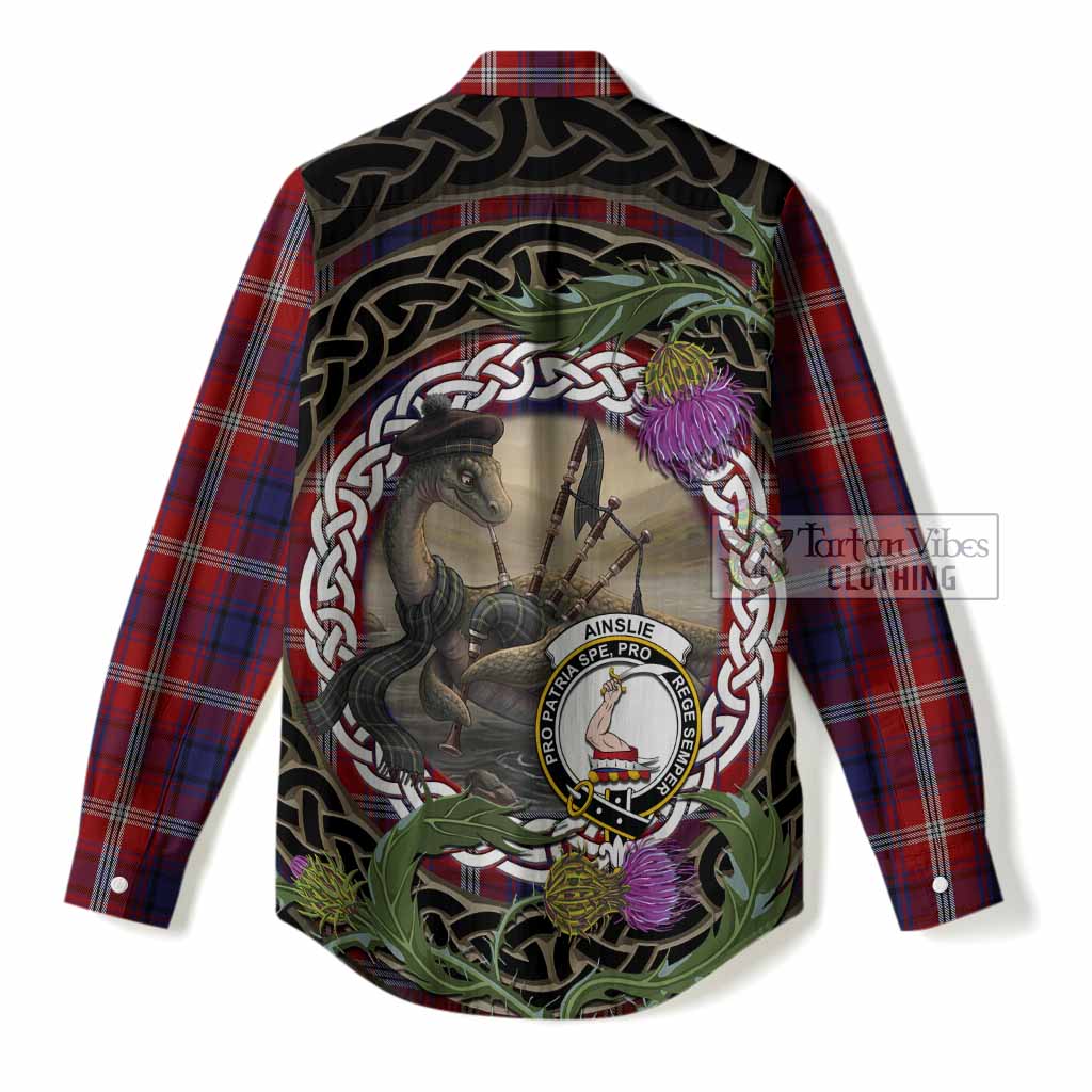 Ainslie Tartan Crest Bagpipe Nessie Women Casual Shirt Scottish Loch Ness Monster Celtic Thistle