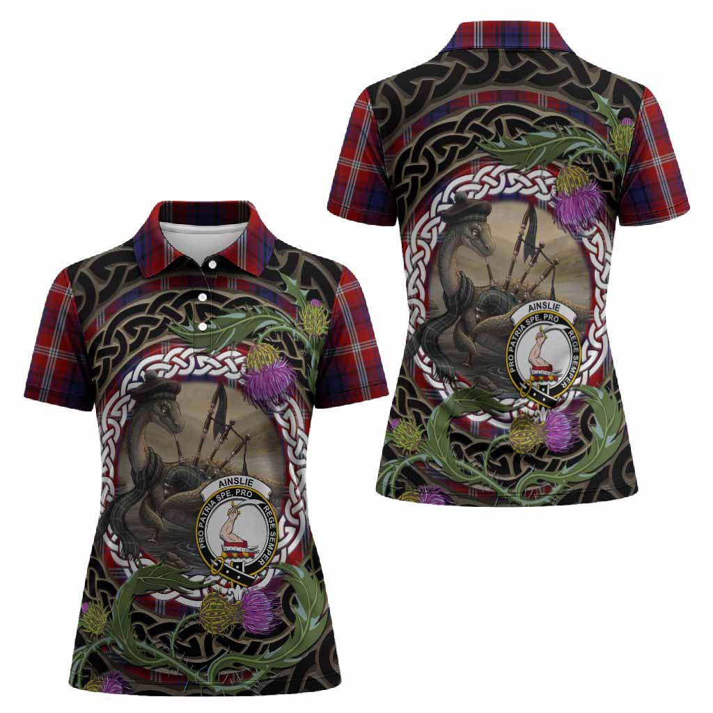 Ainslie Tartan Crest Bagpipe Nessie Women Polo Shirt Scottish Loch Ness Monster Celtic Thistle
