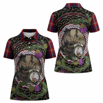 Ainslie Tartan Crest Bagpipe Nessie Women Polo Shirt Scottish Loch Ness Monster Celtic Thistle