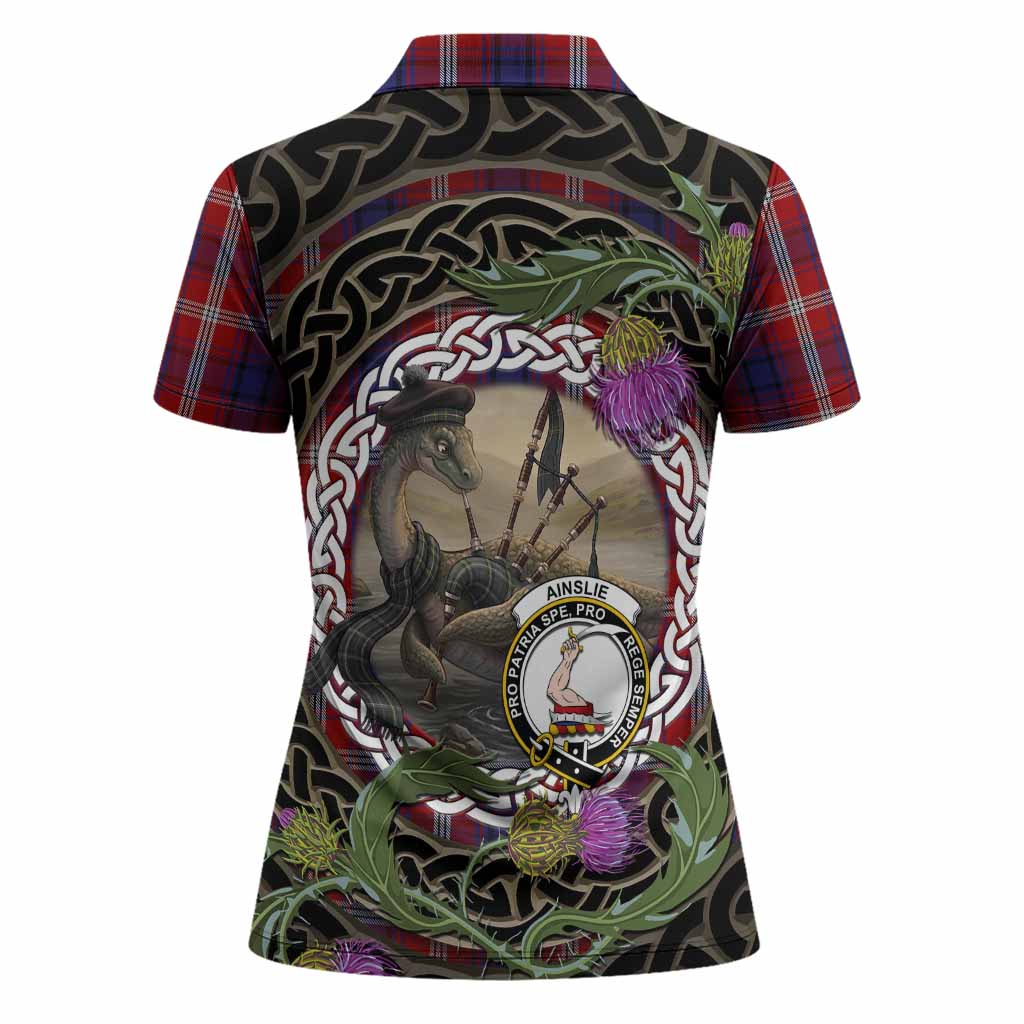 Ainslie Tartan Crest Bagpipe Nessie Women Polo Shirt Scottish Loch Ness Monster Celtic Thistle