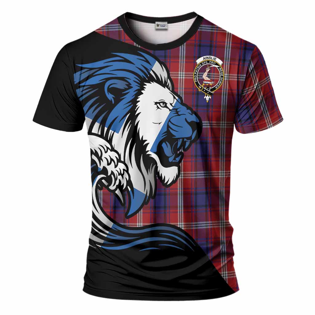 Ainslie Tartan Crest T-Shirt Scottish Golden Lions Wave Flow