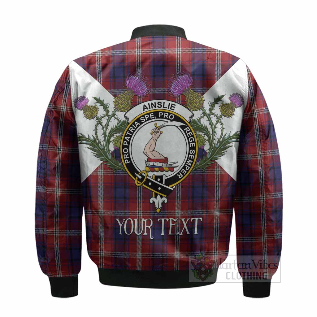 Ainslie Tartan Family Crest Bomber Jacket Scottish Burns Night Thistle Floral